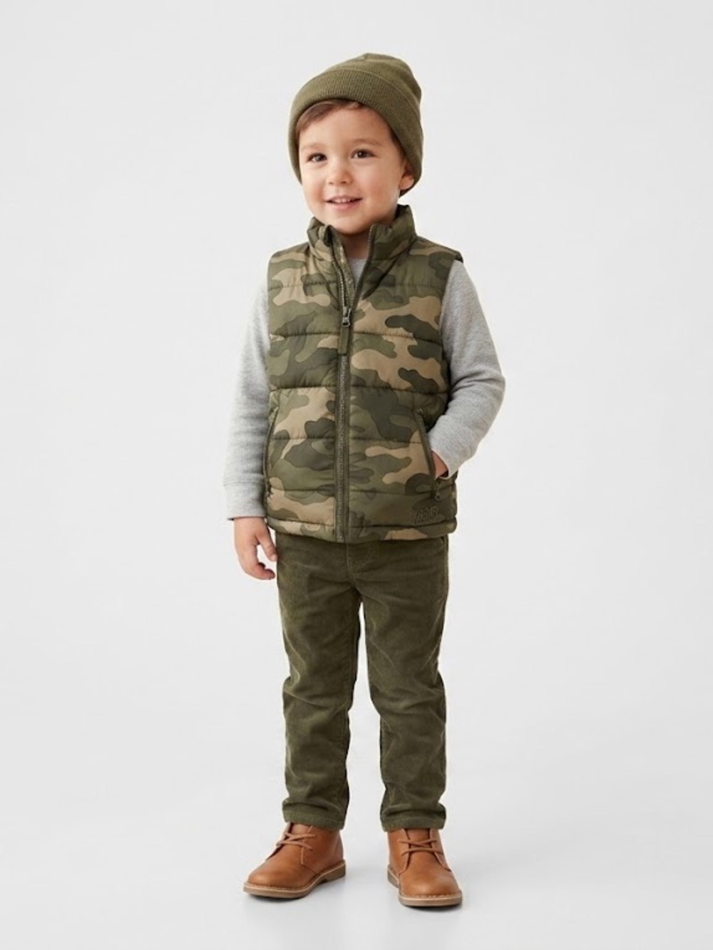 Baby Gap Toddler Reversible Camo Puffer Vest Brown Tan Zip Pockets boy size 2t